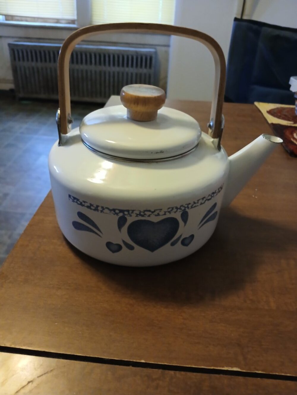 Vintage 80's Jay White Enamel Tea Kettle With Blue Hearts